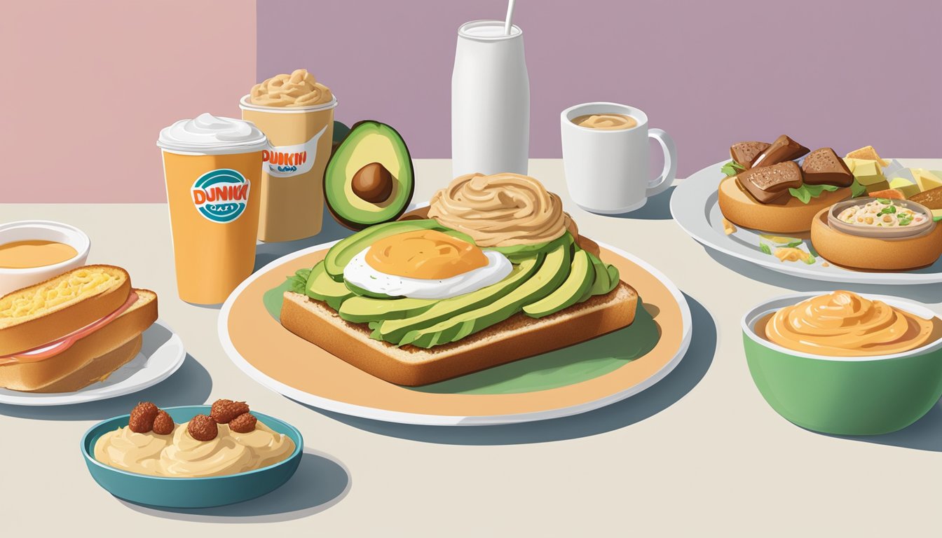 A plate of avocado toast topped with hummus sits next to a variety of Dunkin' breakfast items, ready for meal prep