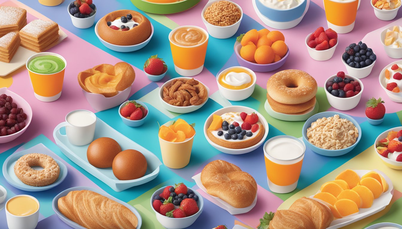 A colorful spread of Dunkin' breakfast options, including fruit, yogurt, and whole grain options, arranged in a playful and inviting manner