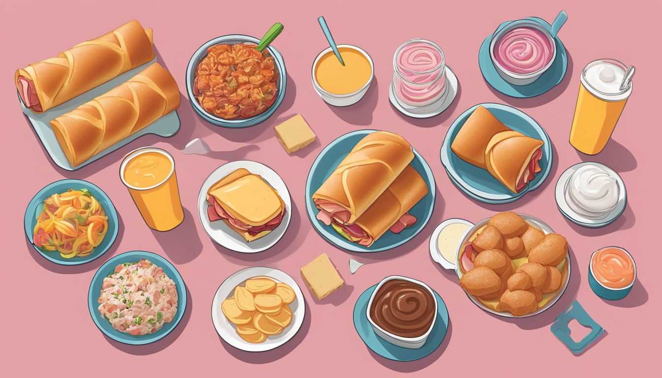 A plate of ham and cheese roll-ups surrounded by Dunkin' breakfast items, neatly arranged for meal prep