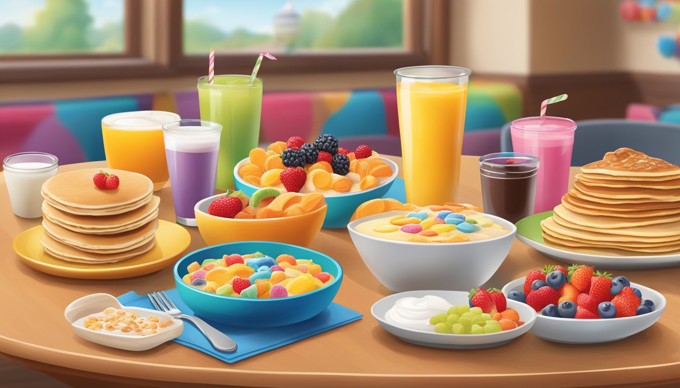 A colorful table set with a variety of kid-friendly breakfast options, such as cereal, fruit, yogurt, and pancakes, with a Dunkin' Donuts logo in the background