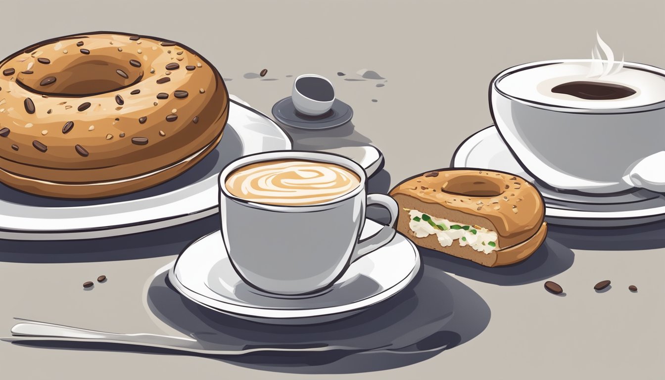 A multigrain bagel with cream cheese sits on a plate next to a cup of coffee, ready for a quick and satisfying breakfast