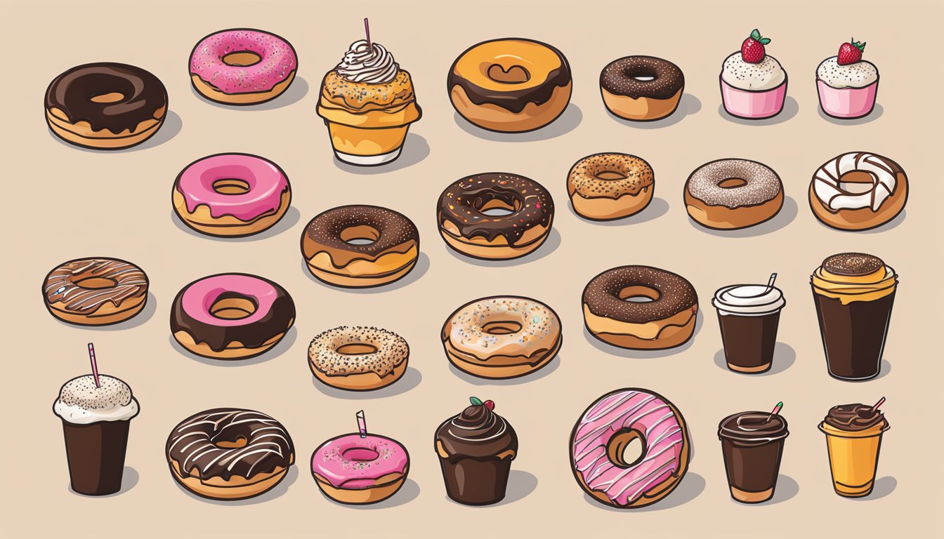 A display of 13 Dunkin' Donuts-inspired tattoos, each showcasing the iconic Boston Cream donut in various artistic styles