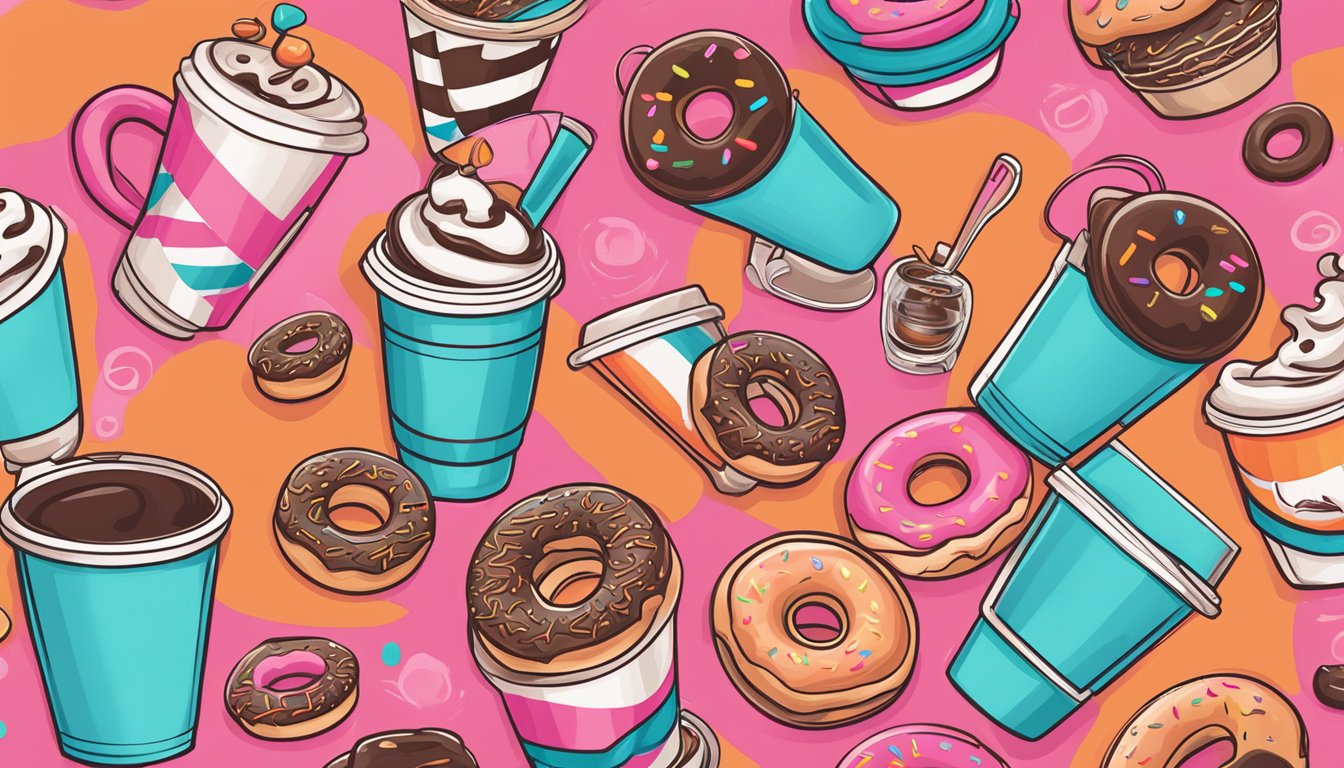 A collection of 13 Dunkin' inspired tattoos, including coffee cups, donuts, and the iconic pink and orange logo