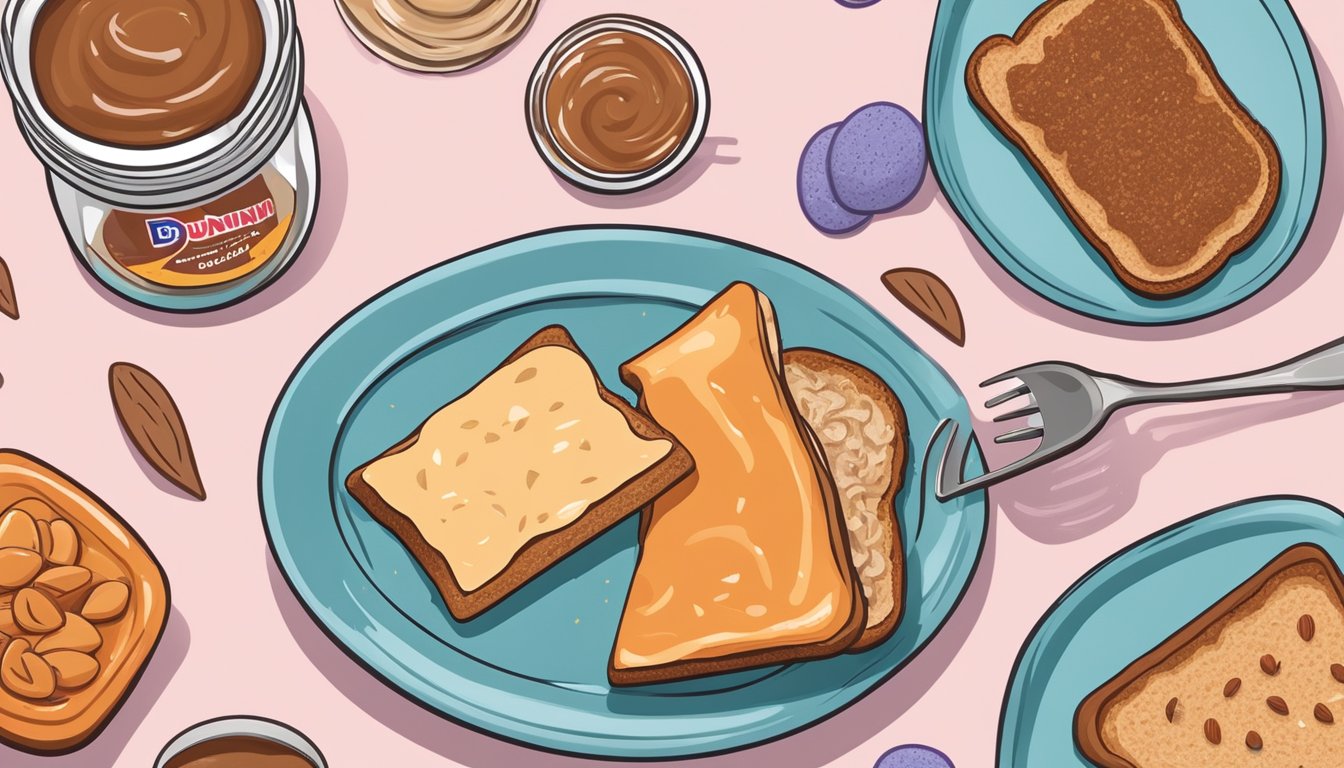 A plate with a slice of sourdough toast spread with almond butter, surrounded by 8 Dunkin' breakfast items