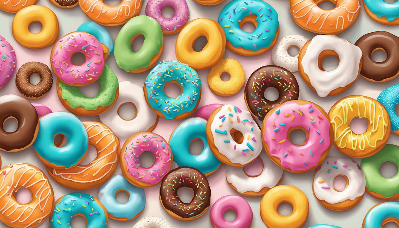 A colorful array of maple frosted donuts arranged in a circular pattern, with a Dunkin' Donuts logo in the center