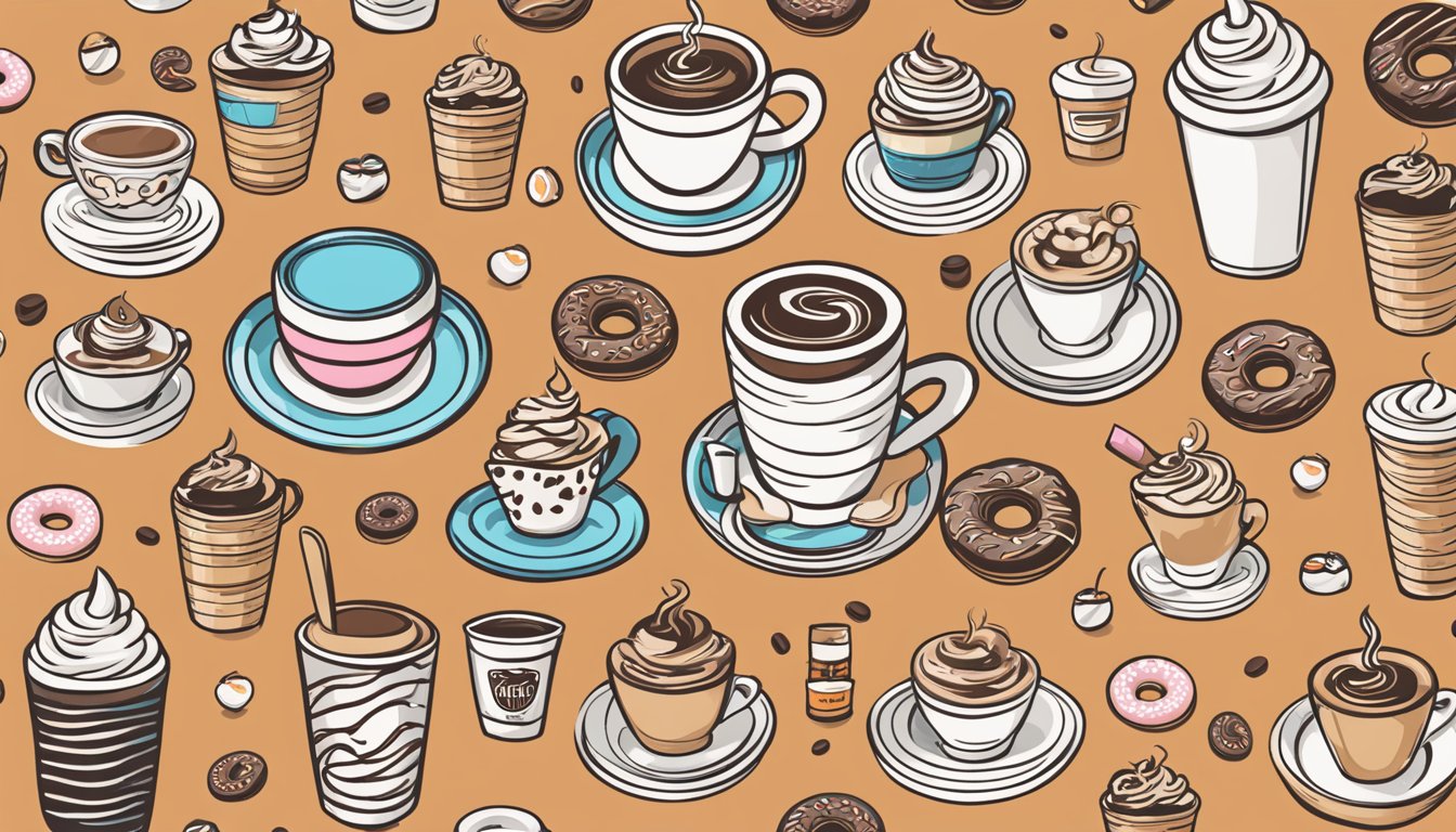 A coffee shop with 13 tattoo designs inspired by Dunkin' Donuts, featuring various coffee cups, donuts, and the iconic Dunkin' logo