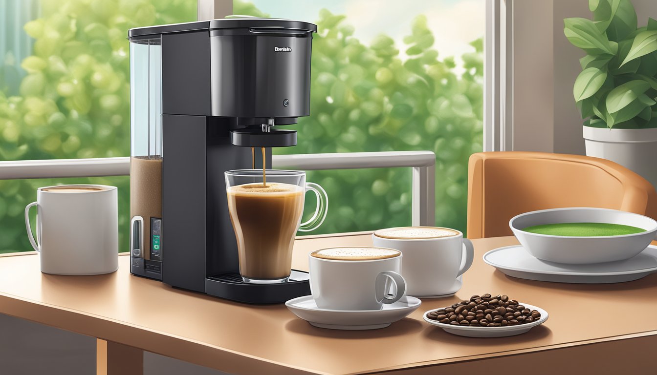 A refreshing glass of Dunkin's iced coffee sits on a table, surrounded by vibrant green coffee beans and a sleek, modern coffee maker