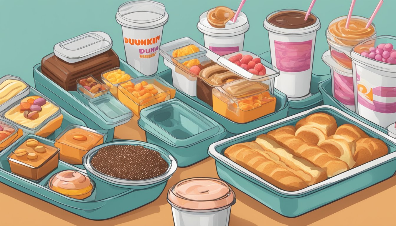 A kitchen counter with neatly arranged containers filled with various Dunkin' breakfast items, ready for meal prep