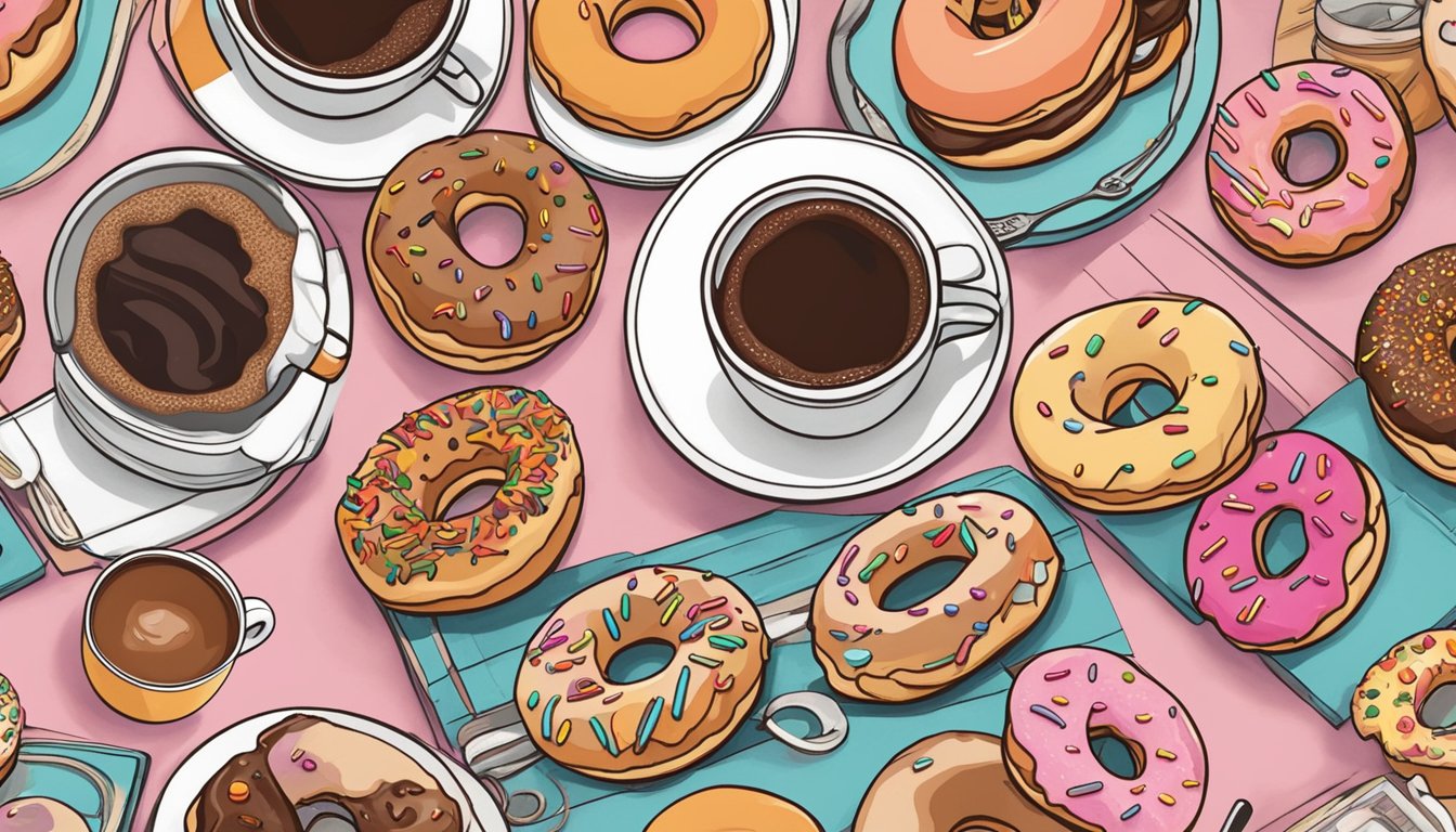 A table with 13 unique Dunkin' Donuts-inspired tattoos, surrounded by coffee cups and donuts