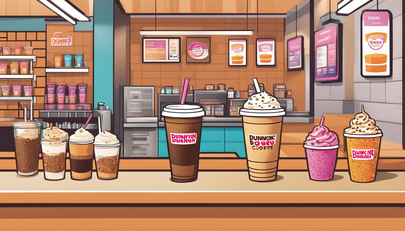 A refreshing iced coffee with customizable flavors and toppings sits on a table, surrounded by vibrant and inviting Dunkin' Donuts branding