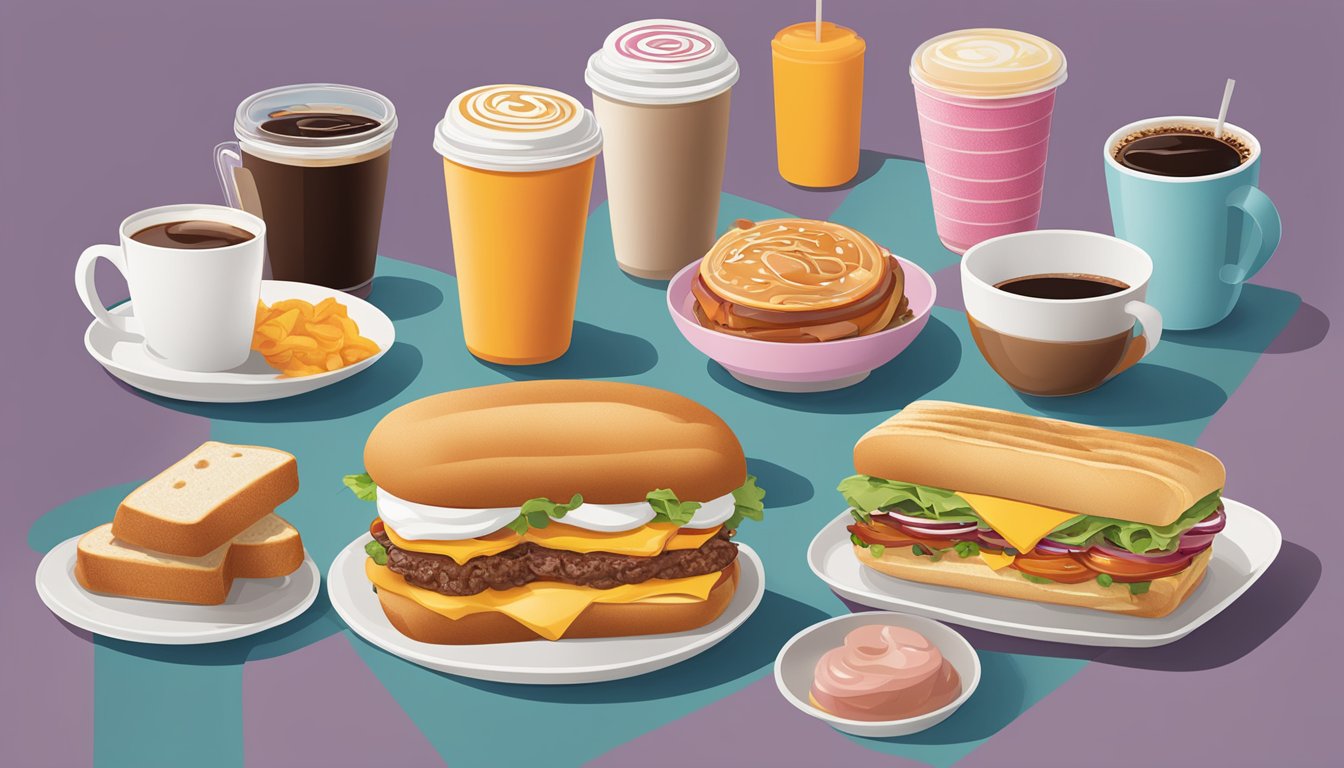 A table set with various Dunkin' breakfast items, including sandwiches, wraps, and coffee, arranged neatly for meal prep