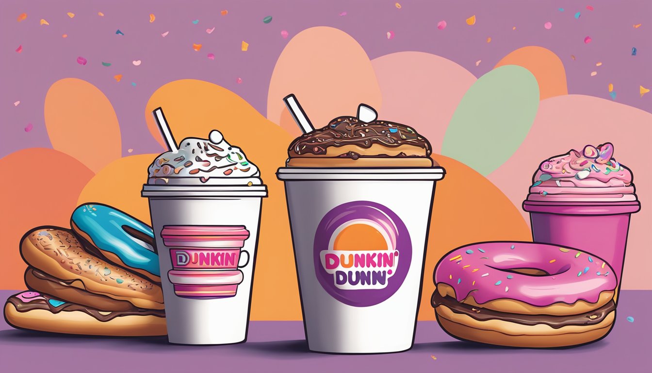 A colorful array of Dunkin' inspired tattoos displayed on a table, including coffee cups, donuts, and the iconic Dunkin' logo