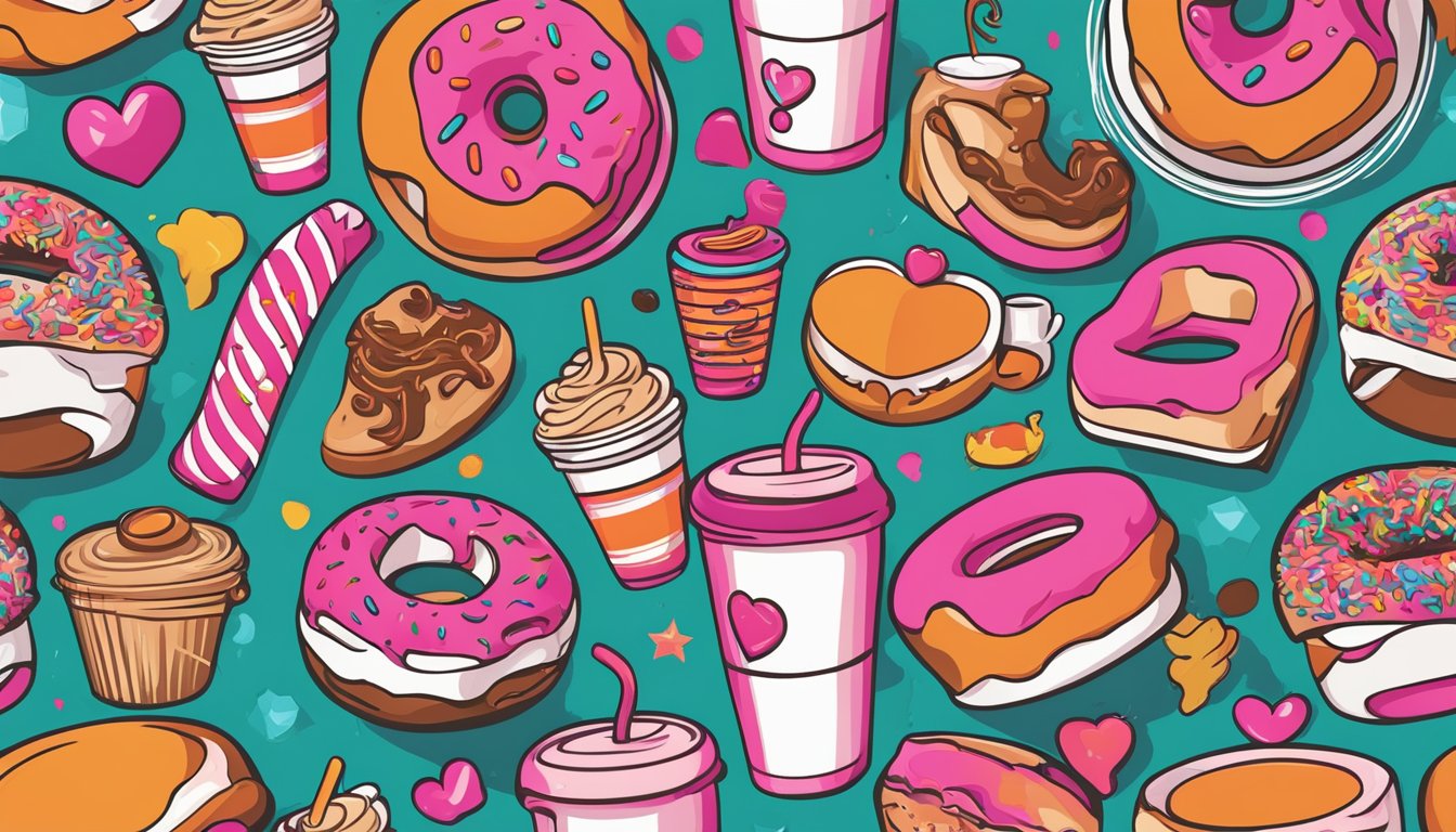 A colorful array of Dunkin' inspired tattoos adorning various body parts, featuring coffee cups, donuts, and the iconic pink and orange logo