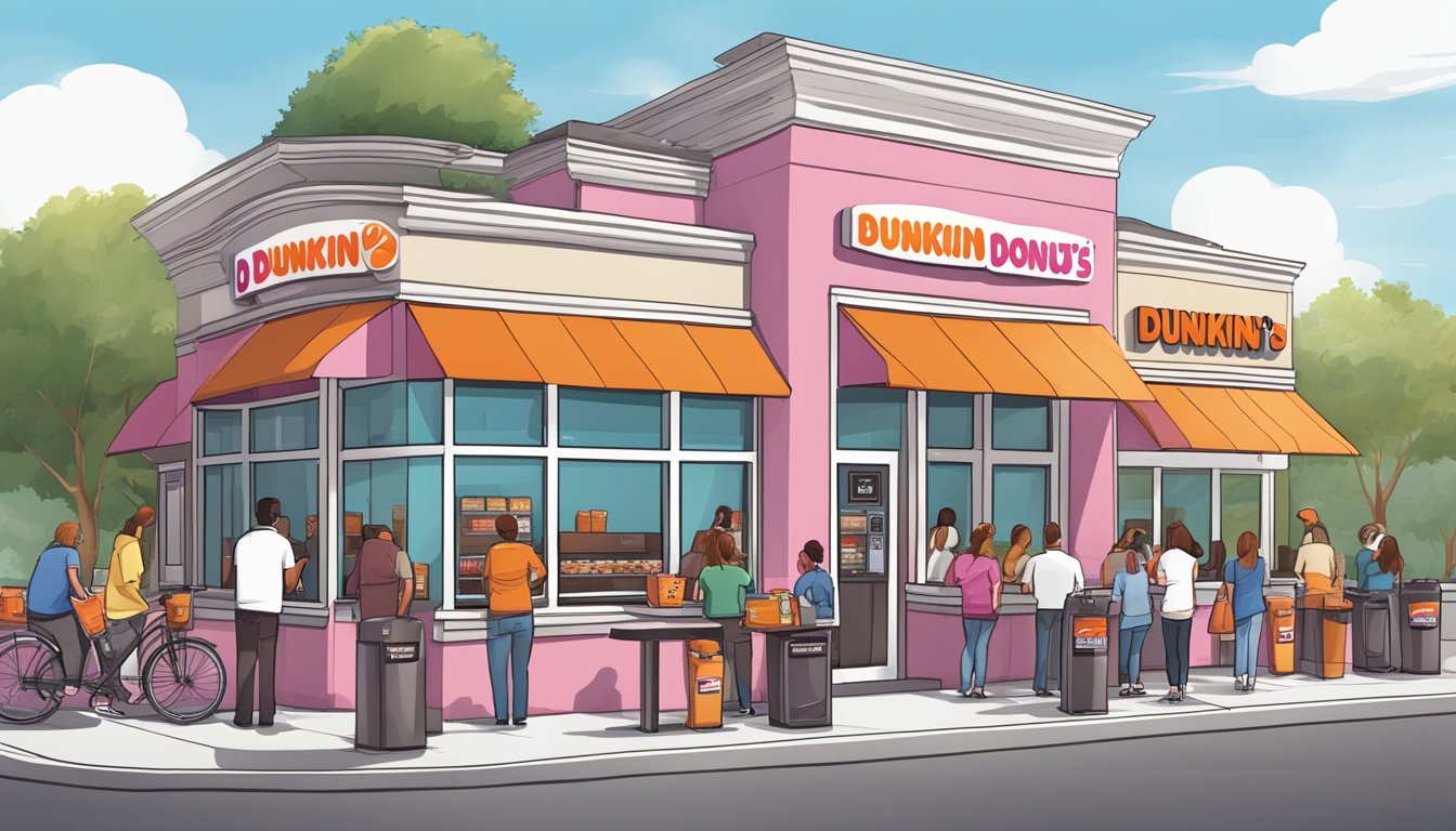 A bustling Dunkin' Donuts store with a line of customers eagerly waiting for their superior iced coffee. Outdoor seating and a drive-thru add to the convenience