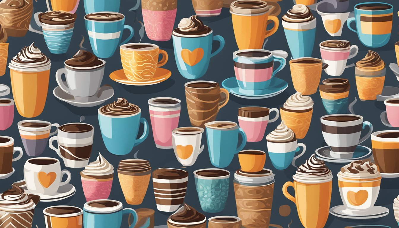 A collection of coffee cups arranged in a visually appealing pattern on a wall, with various designs and colors inspired by Dunkin' Donuts