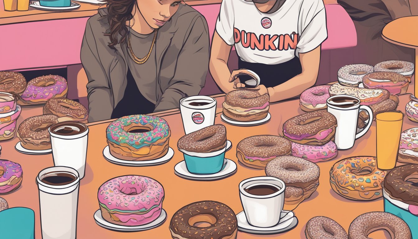 A table covered in Dunkin' Donuts coffee cups, donuts, and other branded items, with a person admiring their Dunkin' inspired tattoos