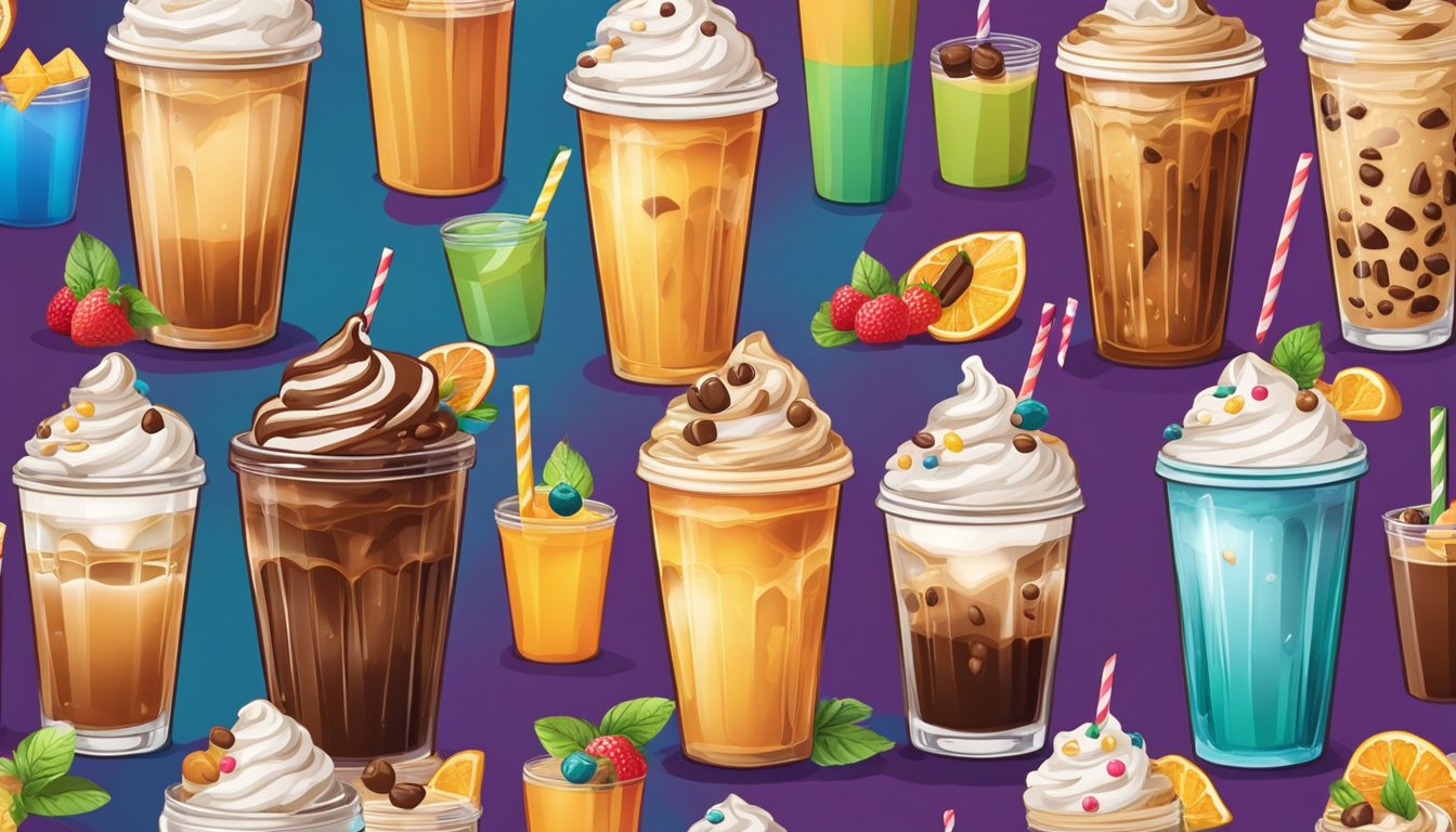 A colorful array of iced coffee cups with different flavors and toppings, surrounded by vibrant and inviting decor