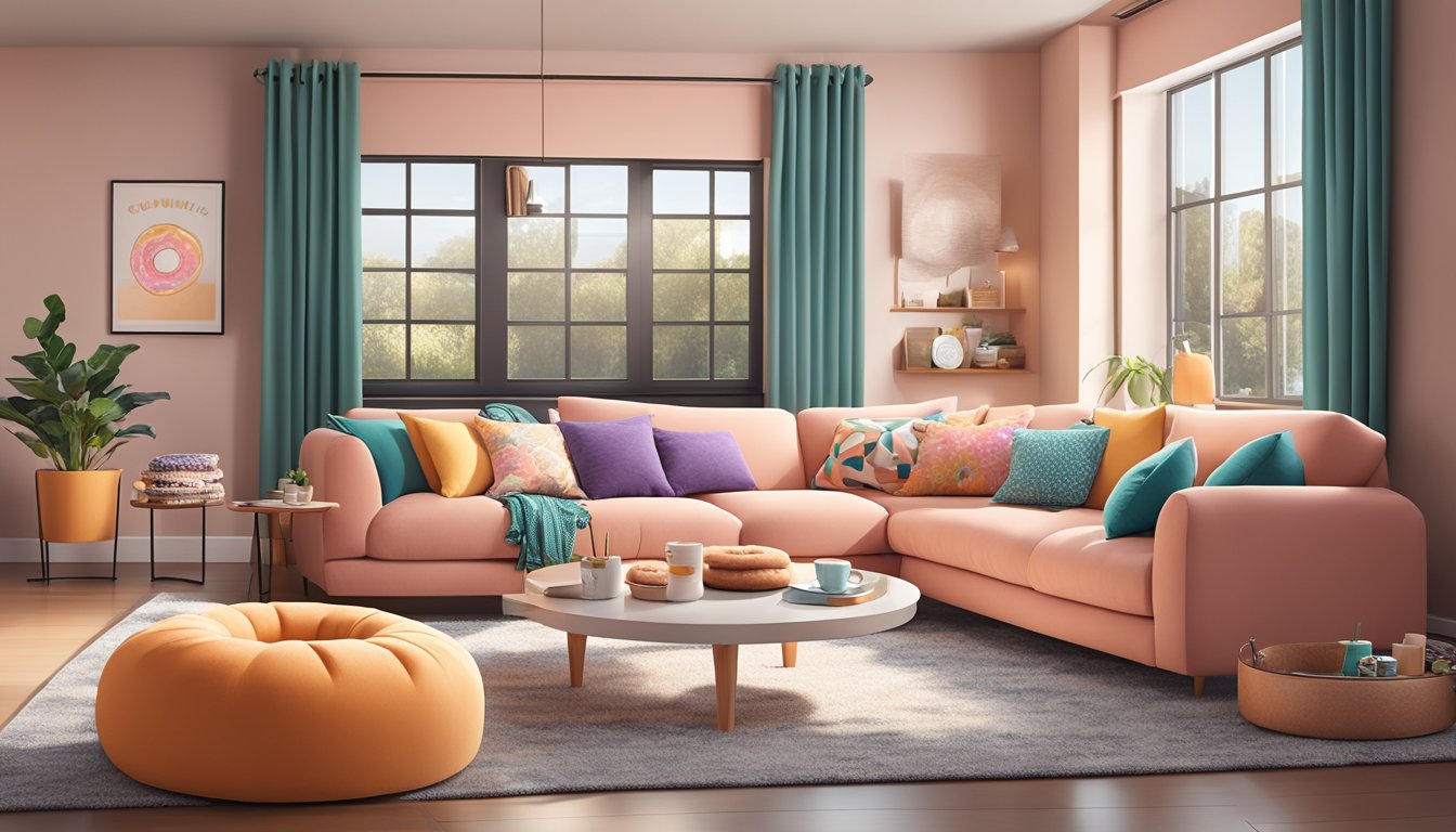 A cozy living room with donut-shaped cushions scattered on a plush sofa and a coffee table adorned with Dunkin' inspired home decor