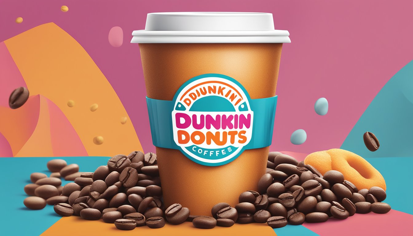 A vibrant iced coffee cup surrounded by energizing coffee beans and a bold Dunkin' Donuts logo