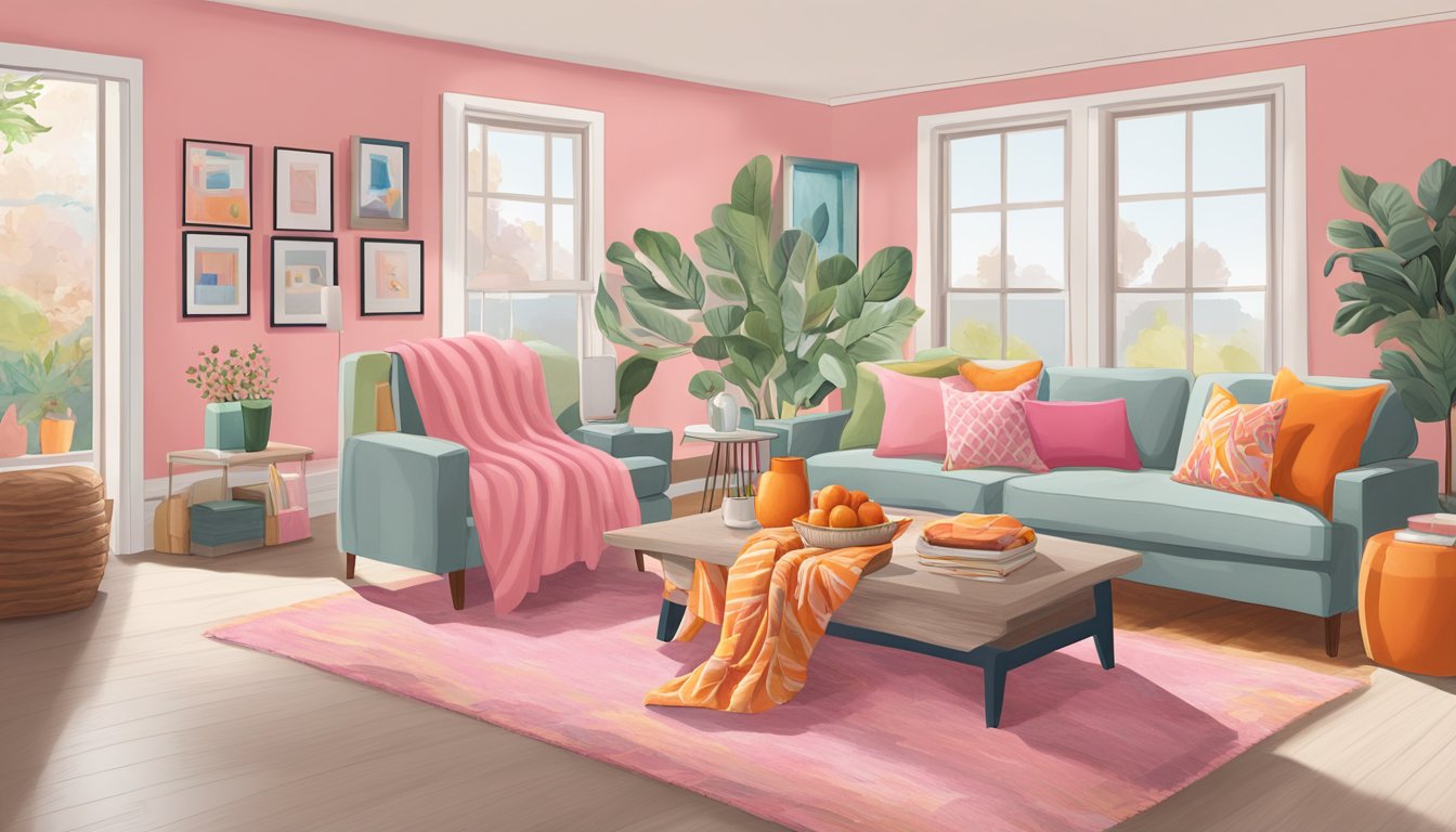 A cozy living room with a pink and orange throw blanket draped over a couch, surrounded by Dunkin' inspired home decor items