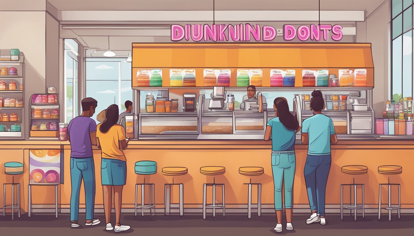 A bustling Dunkin' Donuts counter with a line of customers eagerly waiting for their iced coffee orders. A barista expertly prepares the drinks, surrounded by colorful coffee cups and condiment stations