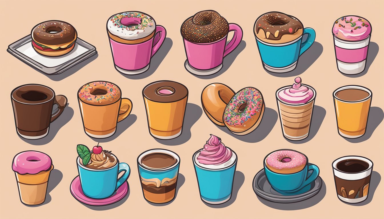 A table with 13 different Dunkin' Donuts inspired tattoos laid out, each showcasing a unique design and color scheme