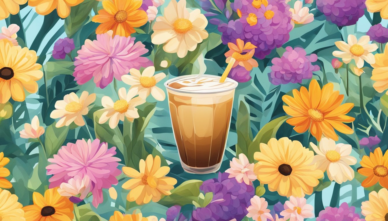 A colorful, refreshing iced coffee sits on a sunny outdoor table, surrounded by vibrant flowers and a cheerful, bustling atmosphere