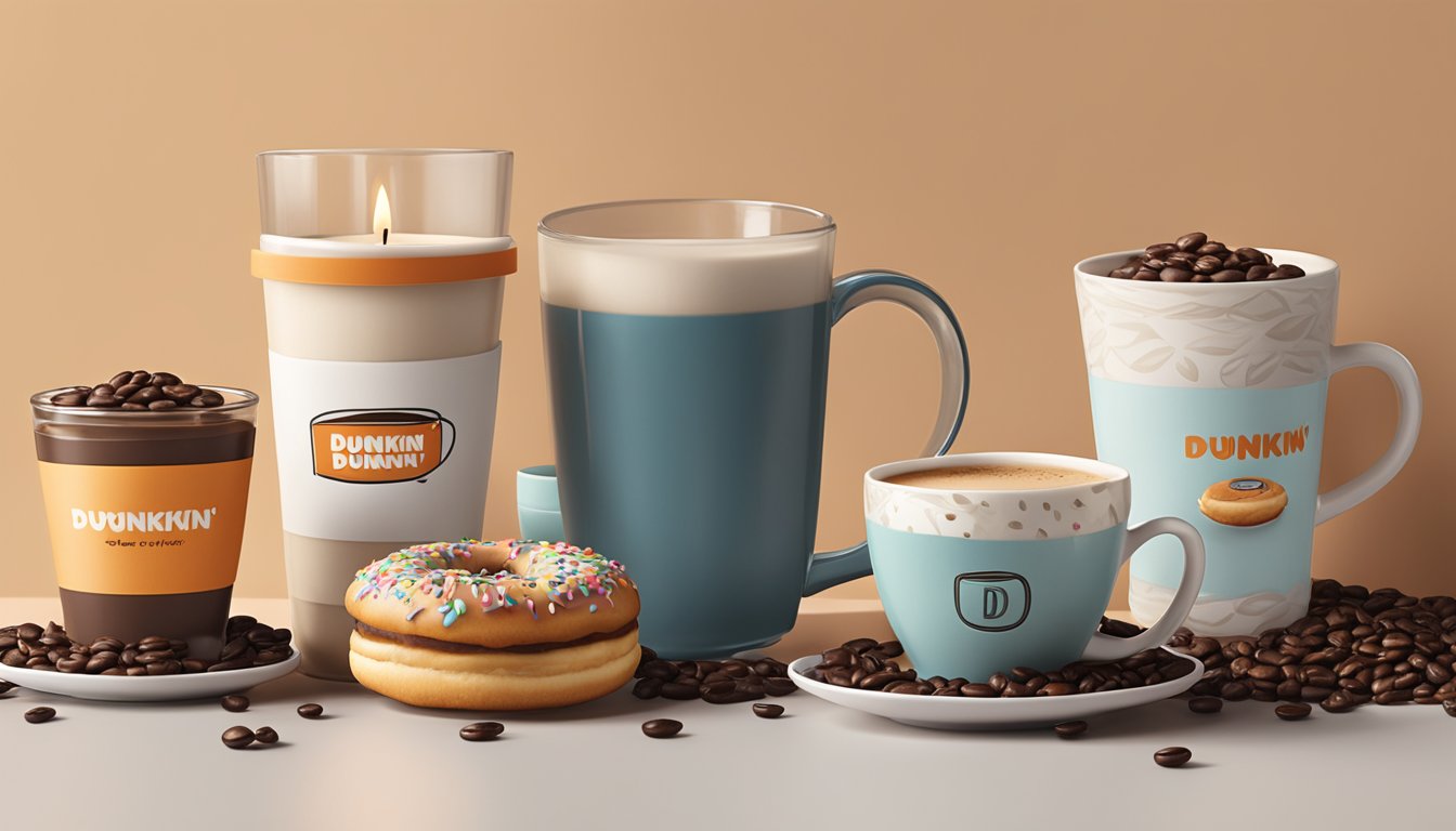 A cozy home setting with espresso bean candles as the focal point, surrounded by Dunkin' inspired decor such as mugs, donuts, and coffee beans