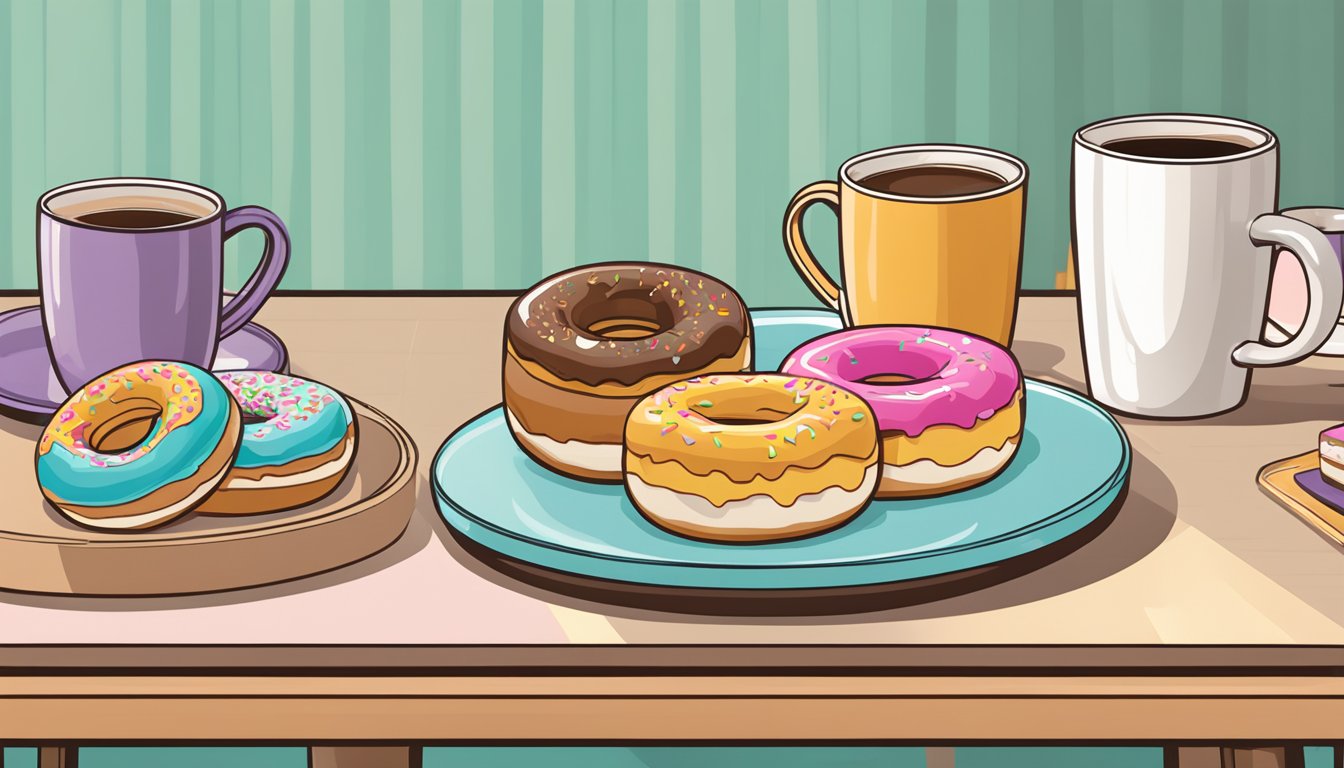 A set of donut-themed coasters arranged on a coffee table, surrounded by Dunkin' inspired home decor items such as mugs, napkins, and decorative plates