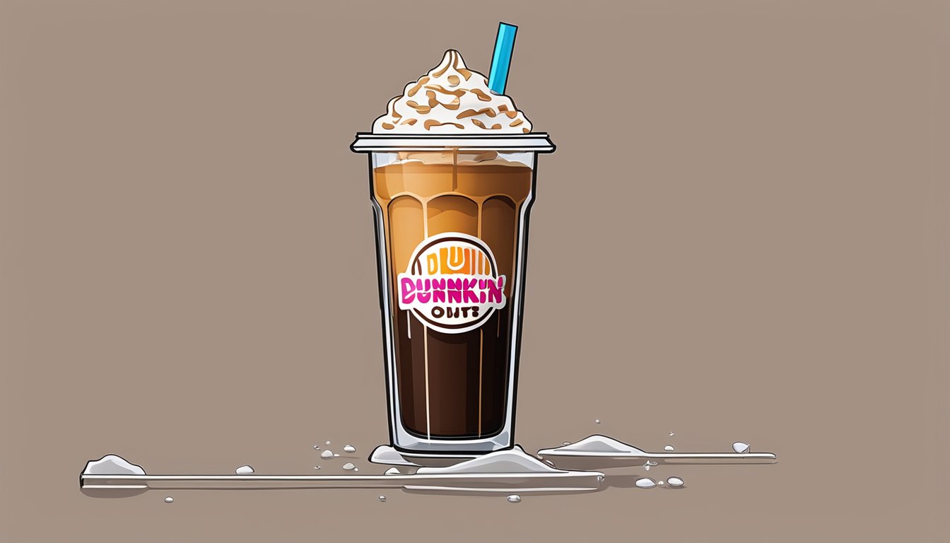 A clear glass filled with ice and iced coffee, condensation dripping down the sides, with a straw and the Dunkin' Donuts logo visible