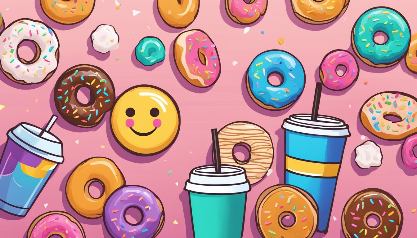 A colorful loyalty rewards card surrounded by iced coffee, donuts, and a smiling sun