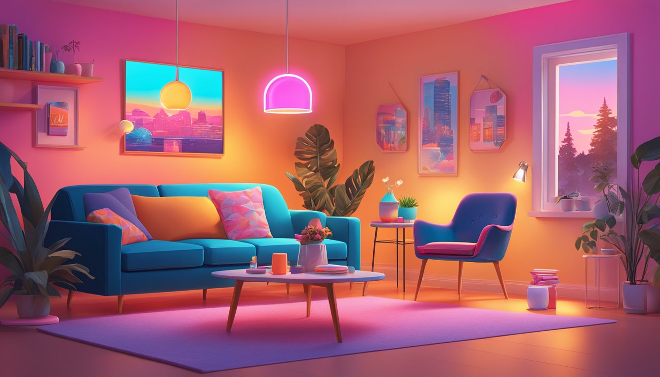 A cozy living room with a glowing Dunkin' neon sign hanging on the wall, surrounded by various Dunkin' inspired home decor items