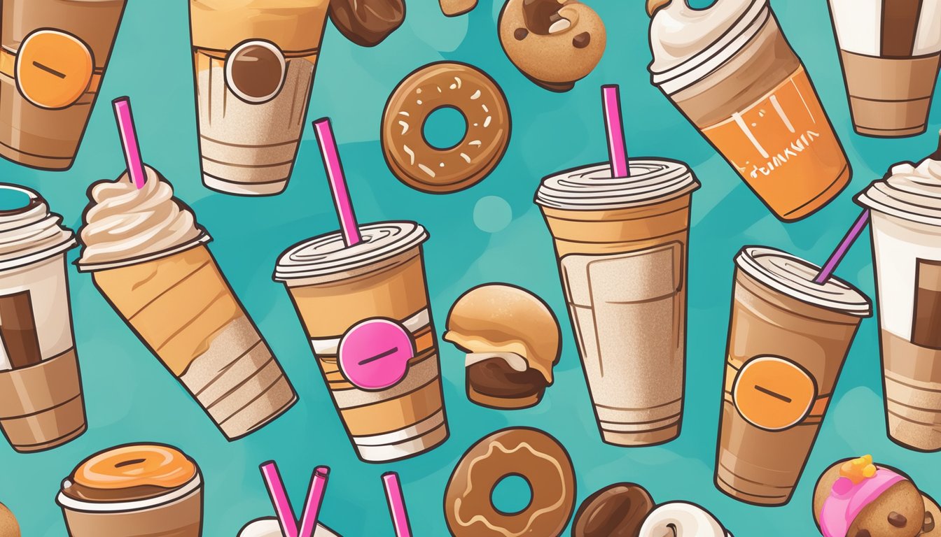 A refreshing iced coffee surrounded by various size options and the iconic Dunkin' Donuts logo