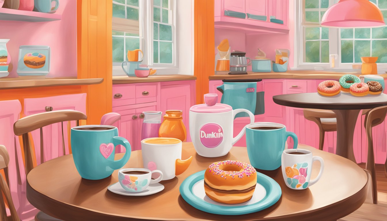 A cozy kitchen table with a sugar and creamer set, surrounded by Dunkin' inspired decor such as coffee mugs, donuts, and the iconic pink and orange color scheme