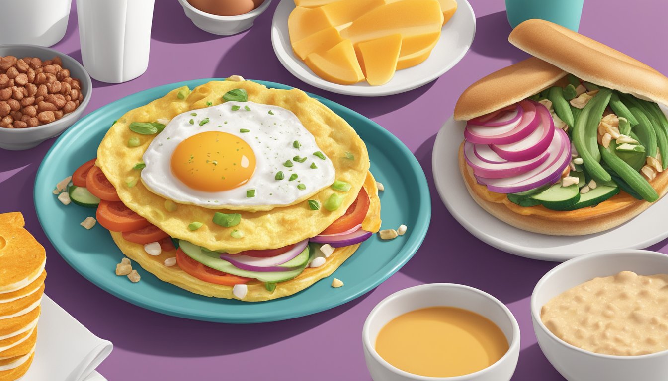 A colorful veggie egg white omelet surrounded by a variety of protein-packed breakfast options from Dunkin'