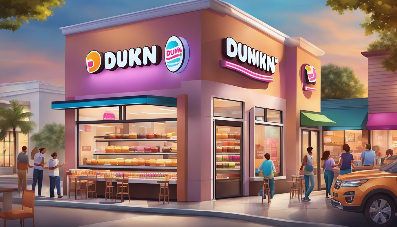 A colorful, bustling Dunkin' Donuts store with a variety of iced coffee drinks on display, from morning to evening