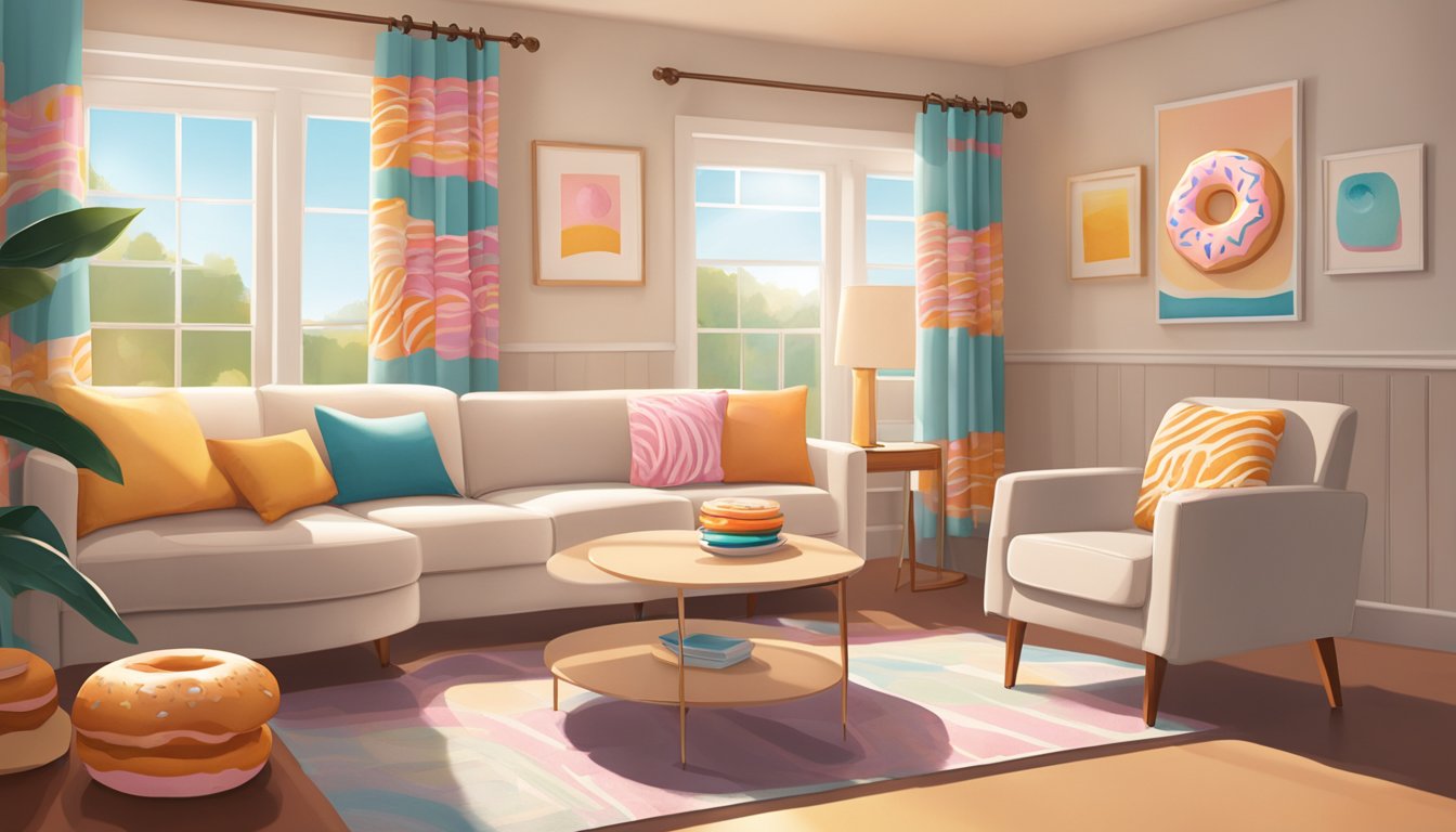 A cozy living room with sunlight streaming through donut-patterned curtains, complementing the Dunkin' inspired decor