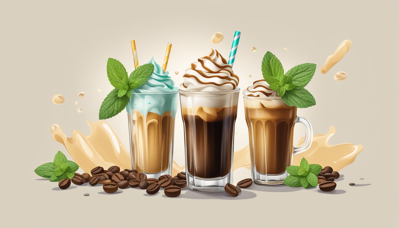 A close-up of a clear glass filled with iced coffee, surrounded by coffee beans, a splash of cream, and a sprig of mint