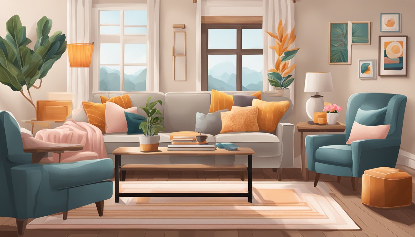 A cozy living room with a coffee table adorned with Dunkin' inspired home decor, including mugs, pillows, and artwork. A warm, inviting atmosphere with a hint of coffee aroma