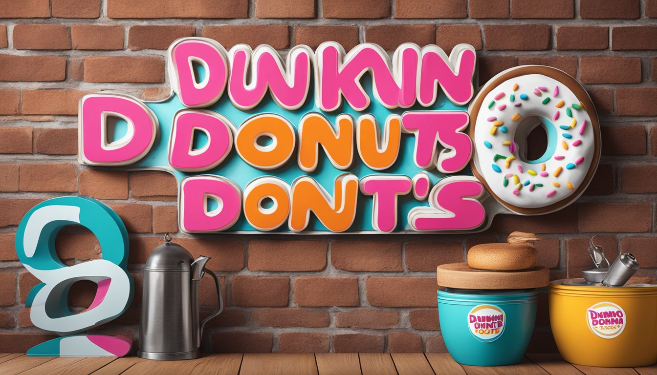 A vintage Dunkin' Donuts sign hangs on a weathered brick wall, surrounded by retro-inspired home decor items