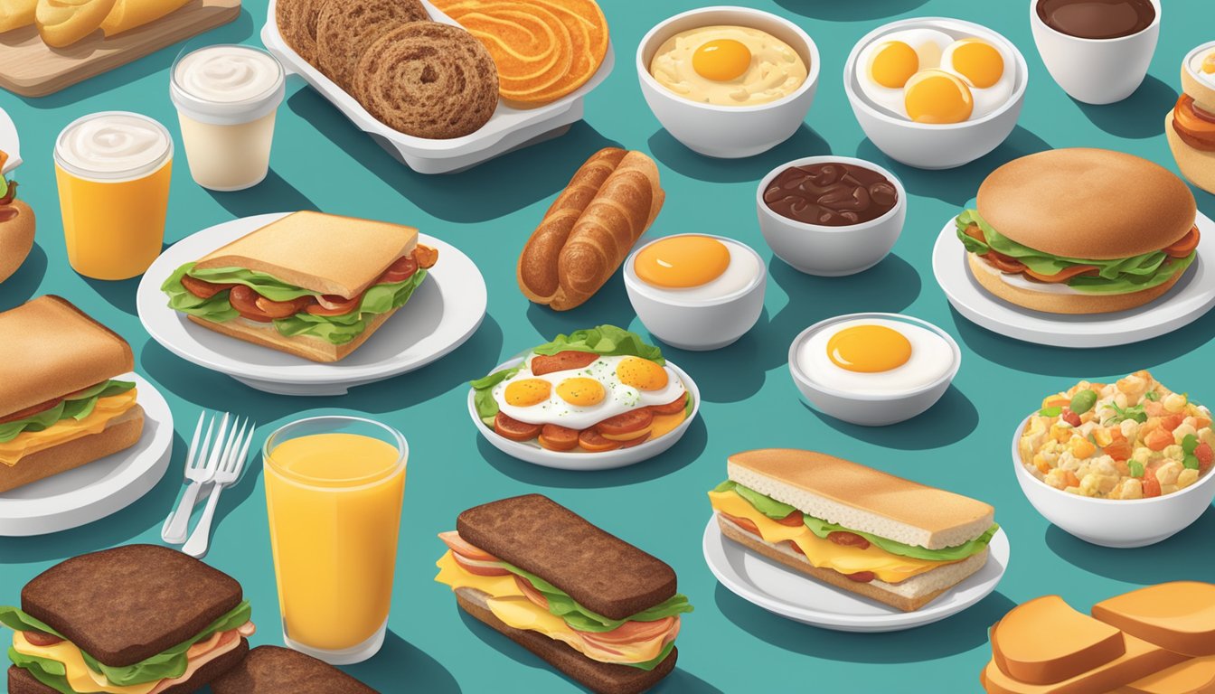 A table set with a variety of breakfast options from Dunkin', including sandwiches, wraps, and bowls, each packed with protein-rich ingredients like eggs, cheese, and sausage