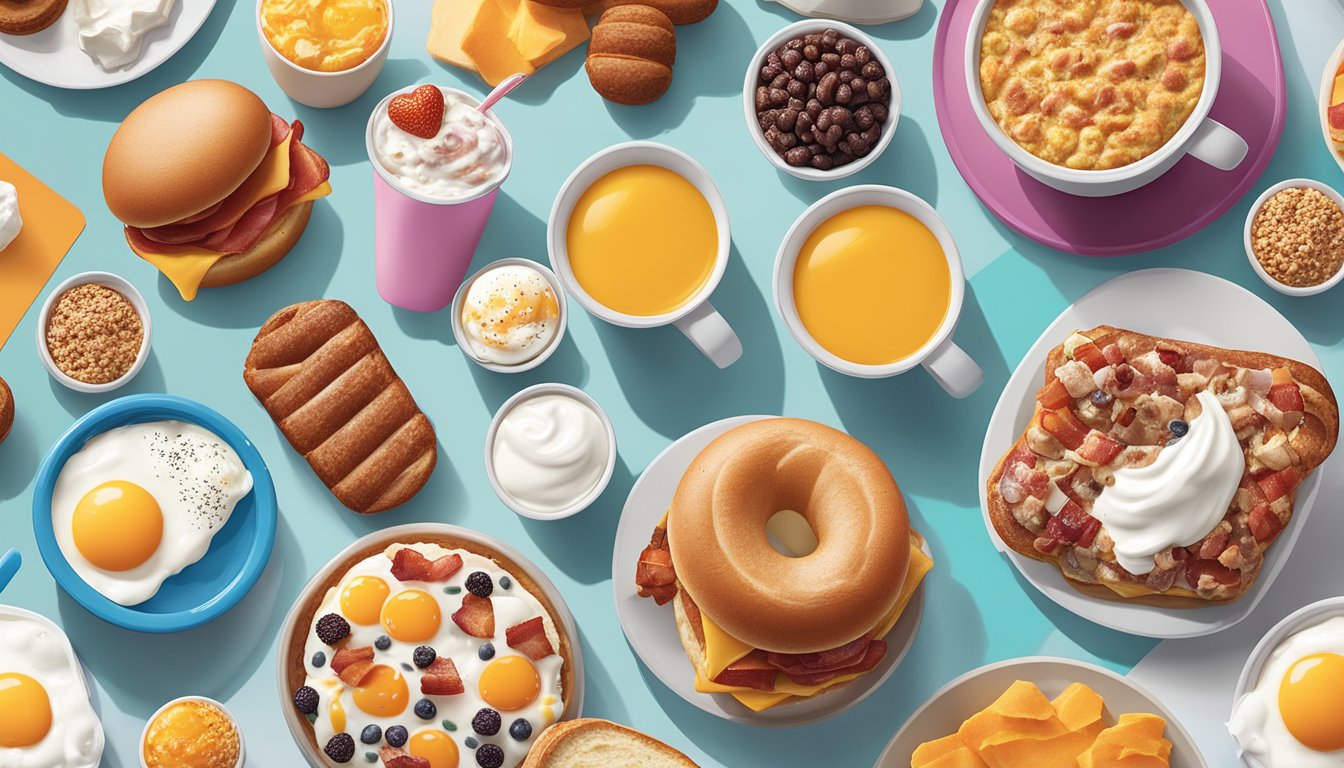 A colorful spread of Dunkin' breakfast options surrounded by various protein sources such as eggs, bacon, sausage, and Greek yogurt