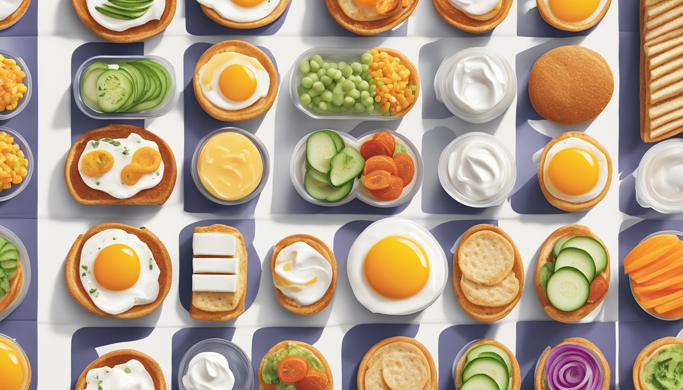 A colorful array of veggie-filled egg white breakfast options displayed on a modern, sleek counter at a Dunkin' location