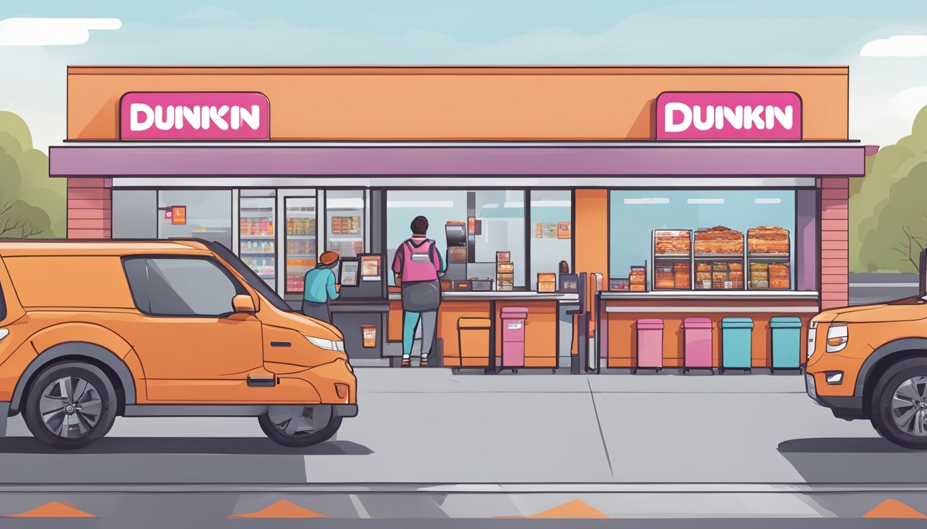 A bustling Dunkin' store with digital order kiosks, mobile pickup shelves, and a drive-thru line of cars. Staff efficiently prepare and deliver orders to customers