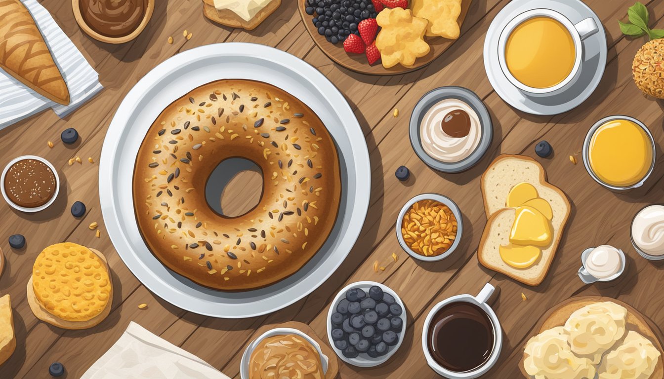 A sunflower multigrain bagel surrounded by 7 must-try Chick-fil-A breakfast items, arranged on a rustic wooden table with a warm, inviting atmosphere