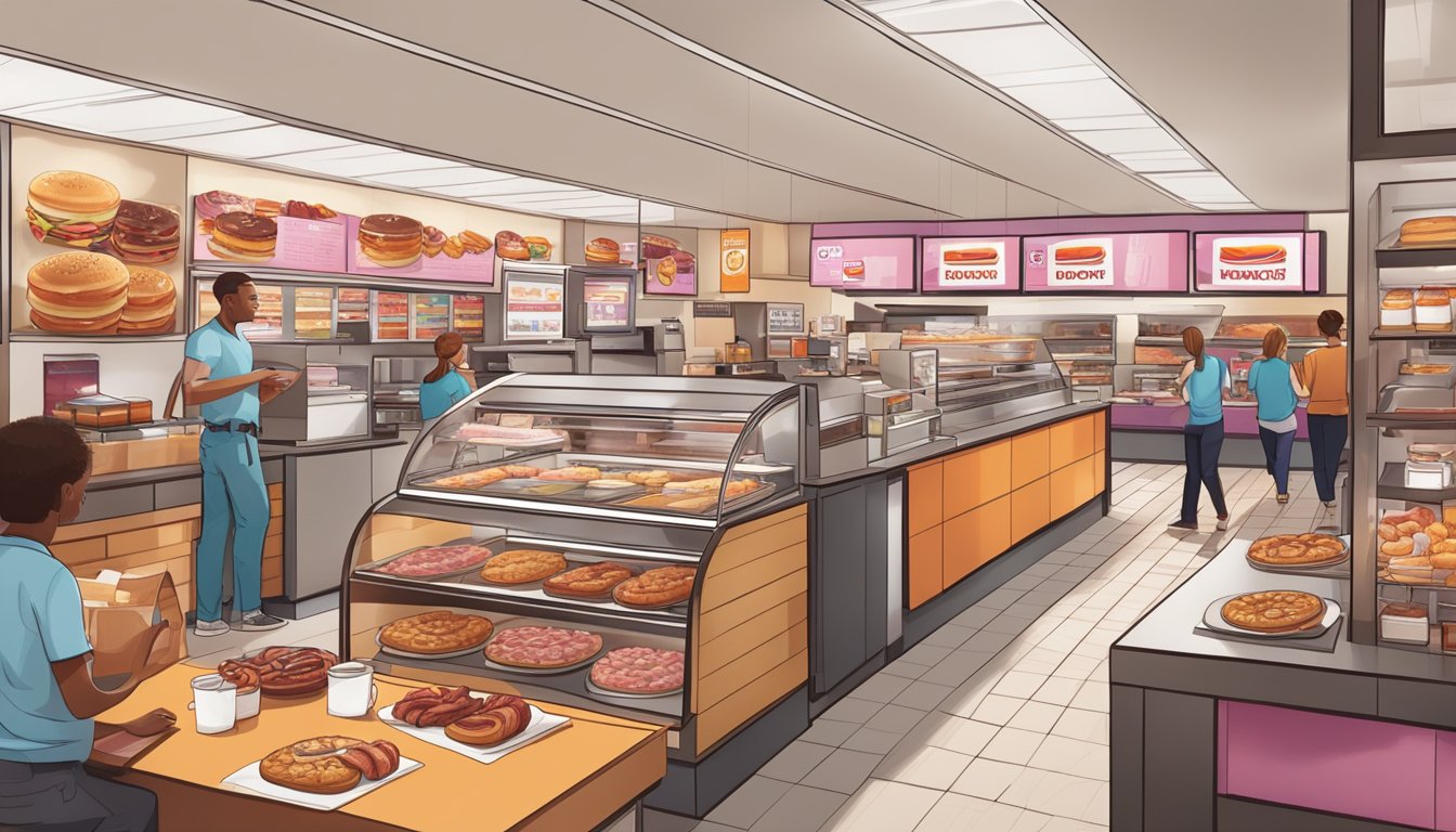 A bustling Dunkin' Donuts store with a display of various bacon-infused breakfast items, customers enjoying their meals, and staff busy at work