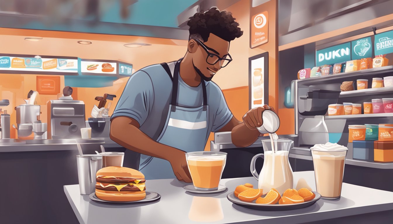 A barista pours almond milk into a steaming pitcher, surrounded by various breakfast items and drinks at a bustling Dunkin' location