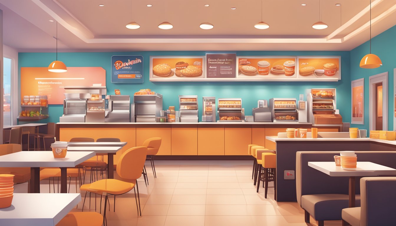 A cozy Dunkin' store interior with comfortable seating, warm lighting, and modern decor reflecting changing breakfast trends