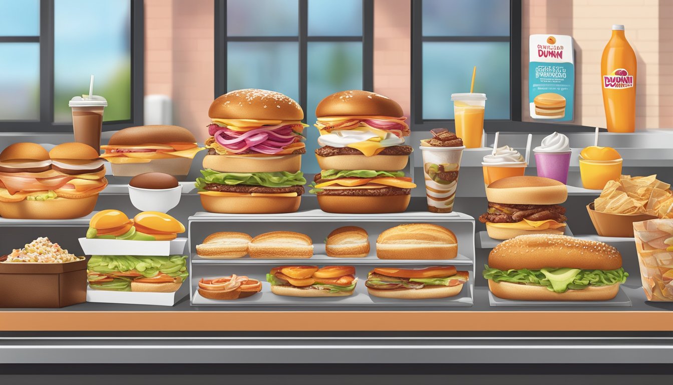 A bustling Dunkin' restaurant with a colorful array of breakfast items, from classic sandwiches to trendy avocado toast, displayed on a modern menu board