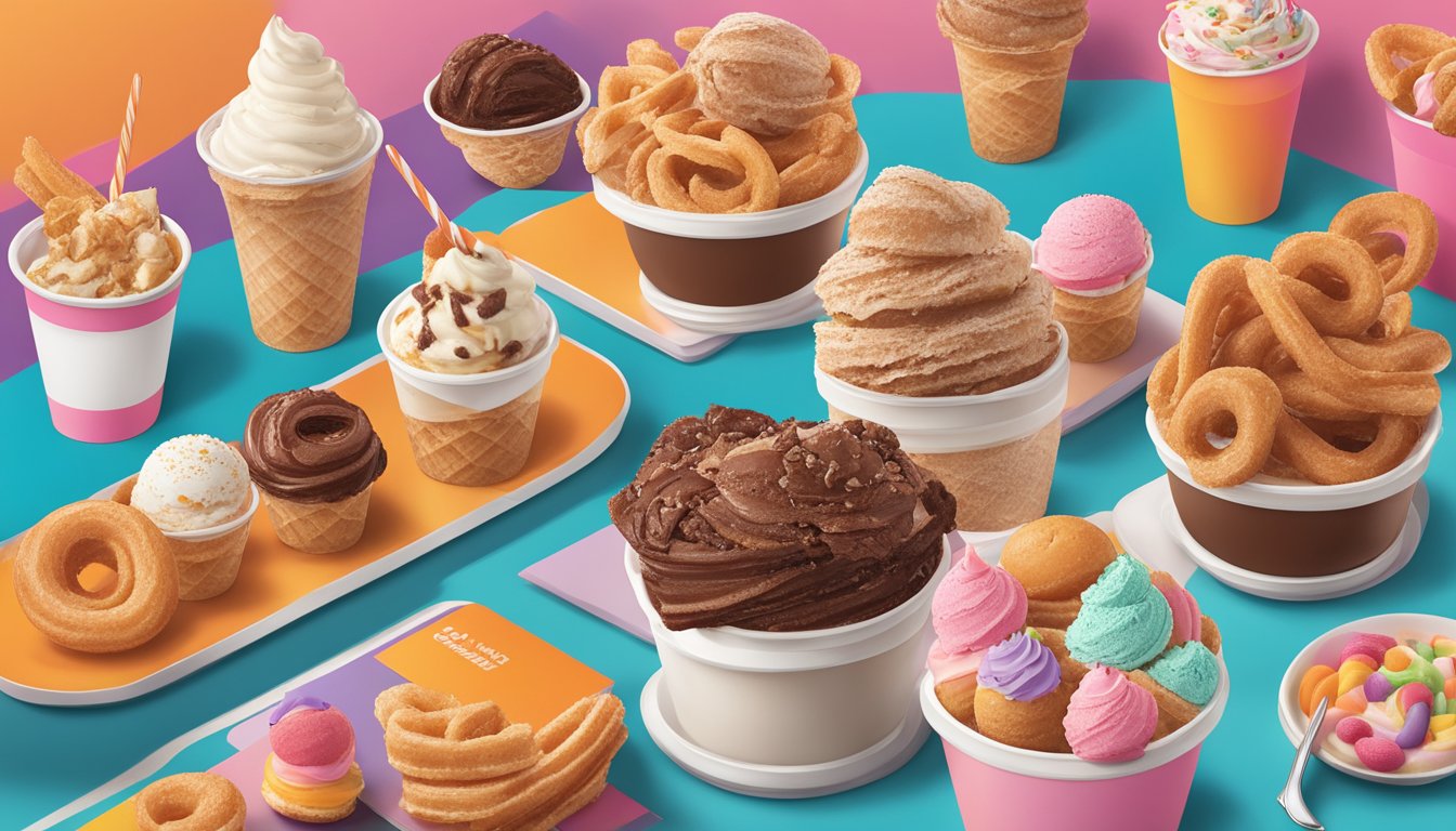 A colorful churro ice cream sundae surrounded by unique menu items at a Dunkin' location